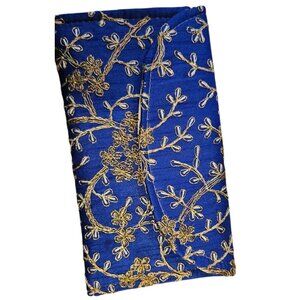 Clutch Cosmetic Bag Purse Embroidered Royal Blue Gold Floral Zipper Closure New